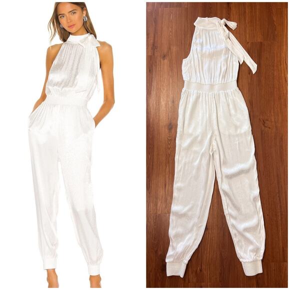 Cinq a Sept White Satin Halter Satin Jumpsuit Xs White Tie Neck Star Jacquard - Picture 2 of 10